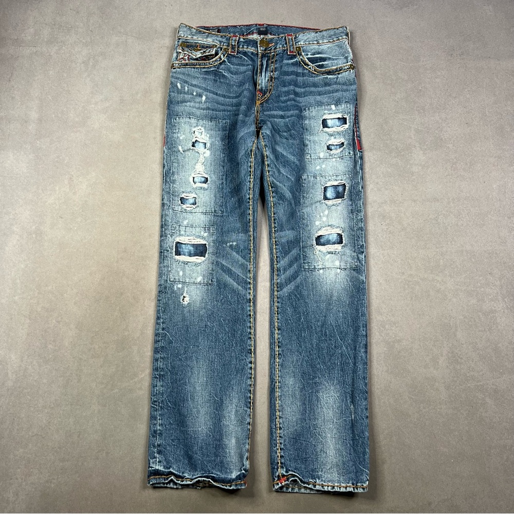 True Religion Relaxed Fit Distressed Blue Jeans